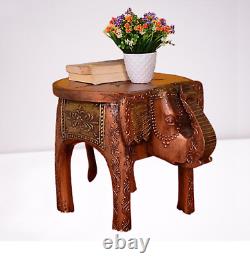 12 Inch Indian Handmade Wooden Room Decor Elephant Shape Brown Stool Kids Table