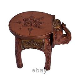 12 Inch Indian Handmade Wooden Room Decor Elephant Shape Brown Stool Kids Table