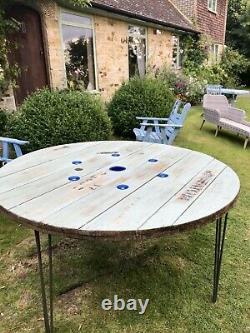 150cm Wooden Round Industrial Dining Garden Table Cable drum Upcycled Bespoke