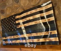 37 X 19.5 Hand Carved Black Thin Green Line Military Wood Wavy American Flag