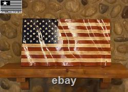 37 X 19.5 Hand Carved Wooden Wavy American Flag Lightly Charred