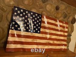 37 X 19.5 Hand Carved Wooden Wavy American Flag Lightly Charred