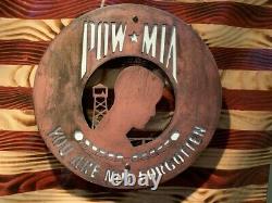 37x19 Handmade Wavy hand Carved Wooden American Flag Distressed POW / MIA