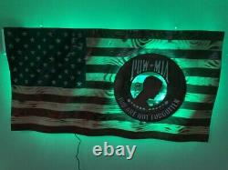 37x19 Handmade Wavy hand Carved Wooden American Flag Distressed POW / MIA