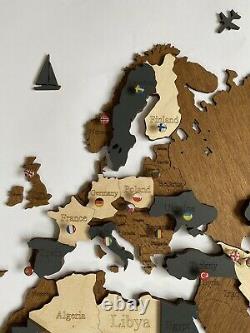 3D Wooden Wall World Map M sz(63 x 37) with Country Names with Brown+Dark Grey