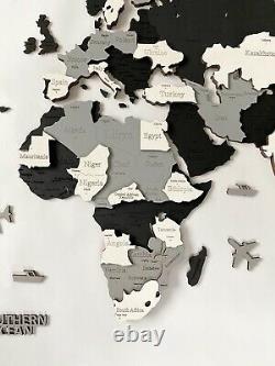 3D Wooden World Wall Map in Black and White L size 59 x 31