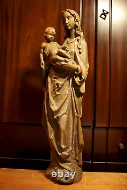 Antique 20 Hand Carved Wooden Our Lady Mary Madonna Jesus Christ Statue