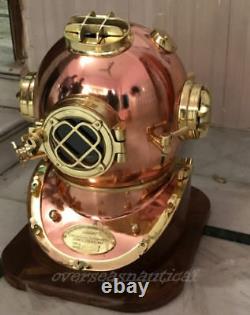 Antique Brass Diving Divers Helmet copper Vintage Mark V Full size w Wooden Base