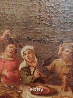 Antique Oil On Canvas Dutch Tavern Scene Gilded Wooden Frame Rare 18th Century