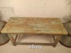 Antique Vintage Indian Rustic Wooden Flaky Blue Green Pink Painted Coffee Table