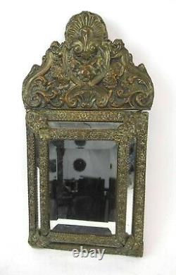 Antique ornate 1800's Dutch handmade wooden brass bronze embossed wall mirror