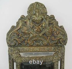 Antique ornate 1800's Dutch handmade wooden brass bronze embossed wall mirror