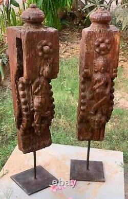Antique wooden carved plaque female statues old set of 2 panels on iron stand