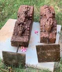 Antique wooden carved plaque female statues old set of 2 panels on iron stand