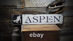Aspen Snow Skier Wood Sign Rustic Hand Made Vintage Wooden Sign