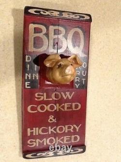 BBQ SLOW COOKED & HICKORY SMOKED Hand Painted Wooden Sign Barbeque Pig