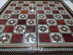 Backgammon Chess Egyptian Handmade Wooden Mother of Pearl 16&Backgammon Pieces