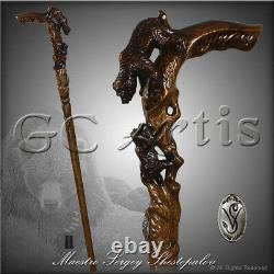 Bear Walking Stick Cane wood Hand carved handle Hiking Staff Unique wooden Art