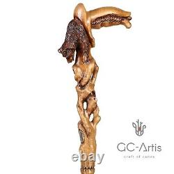 Bear walking stick wooden cane for man men Hand carved wood crafted GC-Artis