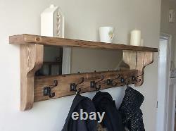 Beautiful quality handmade rustic wooden coat hook rack with mirror and shelf