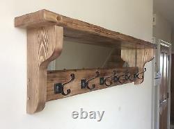 Beautiful quality handmade rustic wooden coat hook rack with mirror and shelf
