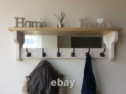 Beautiful quality handmade wooden coat hook rack with mirror and shelf