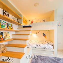 Bespoke handmade fitted wooden bunk beds with staircase, shelves and storage