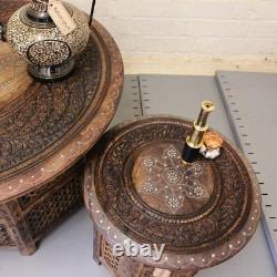 Chaliya Set of 2 Large And Small Round Coffee Tables Brown Solid Wooden Handmade