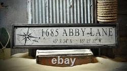 Custom Address Lat & Long Sign Rustic Hand Made Vintage Wooden