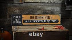 Custom Family Haunted House Sign Rustic Hand Made Halloween Wooden