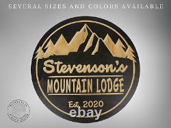 Custom Mountain Lodge Sign Carved Round Wooden Engraved Cabin Last Name Sign