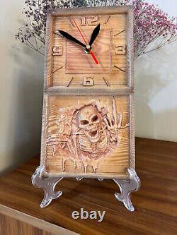 Designer Unique Hand Made Wooden Desk Clock Scull Picture On Stand Vintage Gift