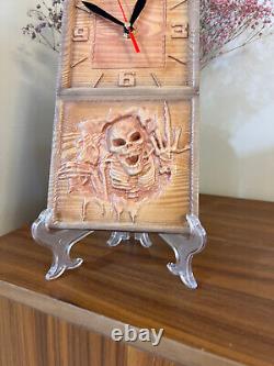 Designer Unique Hand Made Wooden Desk Clock Scull Picture On Stand Vintage Gift