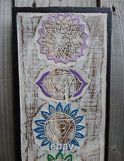 FairTrade Hand Carved Made Shabby Wooden Meditation Chakra Wall Art Plaque Large