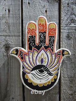 Fair Trade Hand Carved Made Shabby Wooden Hand Of Fatima Hamsa Wall Art Plaque