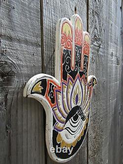 Fair Trade Hand Carved Made Shabby Wooden Hand Of Fatima Hamsa Wall Art Plaque