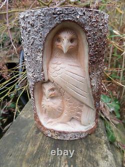 Fair Trade Hand Carved Made Wooden Eagle and Eaglet Log Animal Bird Statue