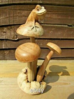 Fair Trade Hand Carved Made Wooden Garden Mushroom Frog Snail Parasite Statue