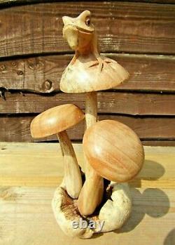 Fair Trade Hand Carved Made Wooden Garden Mushroom Frog Snail Parasite Statue