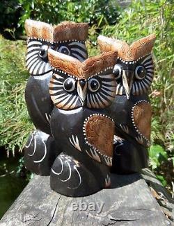 Fair Trade Hand Carved Made Wooden Owl Bird Carving Sculpture Ornament Set Of 3
