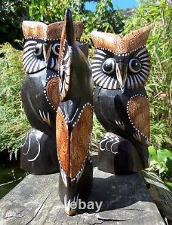 Fair Trade Hand Carved Made Wooden Owl Bird Carving Sculpture Ornament Set Of 3