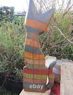 Fair Trade Hand Carved Made Wooden Rainbow Cat Animal Sculpture Ornament Statue