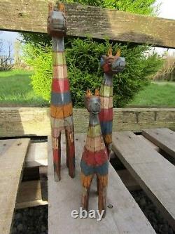Fair Trade Hand Carved Made Wooden Rainbow Giraffe Set Of 3 Sculptures Ornaments