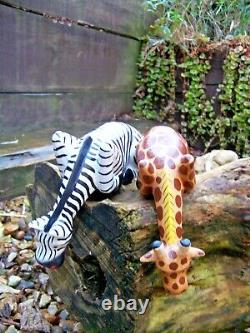 Fair Trade Hand Carved Made Wooden Shelf Giraffe Zebra Set 2 Safari Sculptures