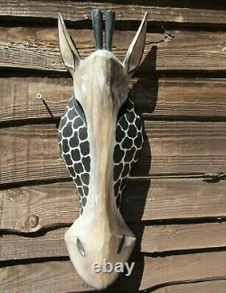 Fair Trade Hand Made Carved Wooden Shabby Giraffe Animal Wall Art Mask 50cm