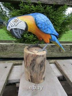 Fair Trade Hand Made Carved Wooden Wild Macaw Parrot Bird Ornament Statue