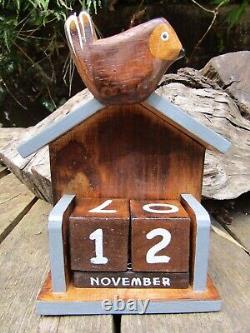 Fair Trade Hand Made Wooden Bird House Kitchen Desk Work Perpetual Calendar