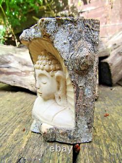 Hand Carved Made Wooden Buddha Head Buddhist Log Carving Sculpture Fair Trade