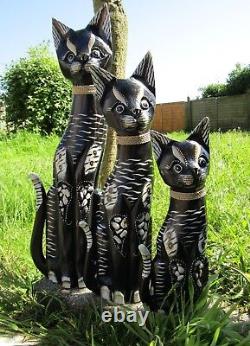 Hand Carved Made Wooden Cat Statues Set Of 3 Sculpture Ornaments Statues