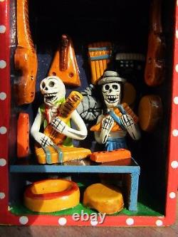 Hand Carved Made Wooden Day Of The Dead Skull Candy Music Shop Retablo Ornament